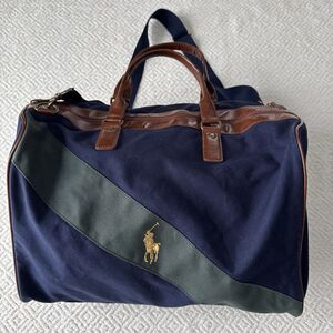 VTG Polo Ralph Lauren Duffle Bag Blue Green Canvas Overnight Carryon Travel Bag
